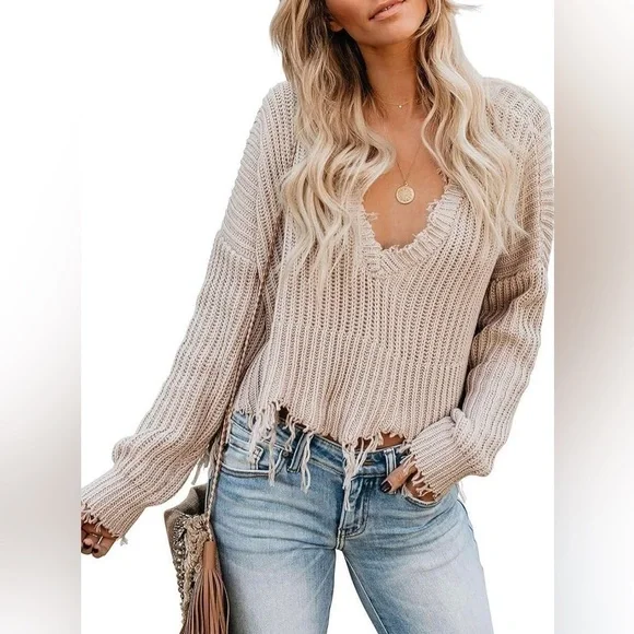 Women’s Waffle Knit Tassel Hem Pull Over Sweater - Picture 1 of 4